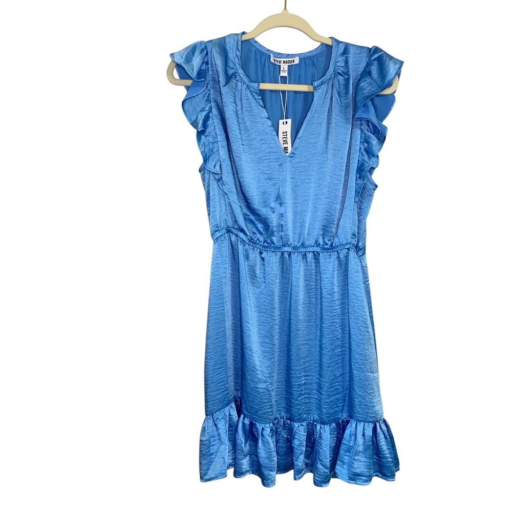 Steve Madden Blue Satin Ruffle‎ Cap Sleeve Dress V-Neck, Elastic Waist. Size L